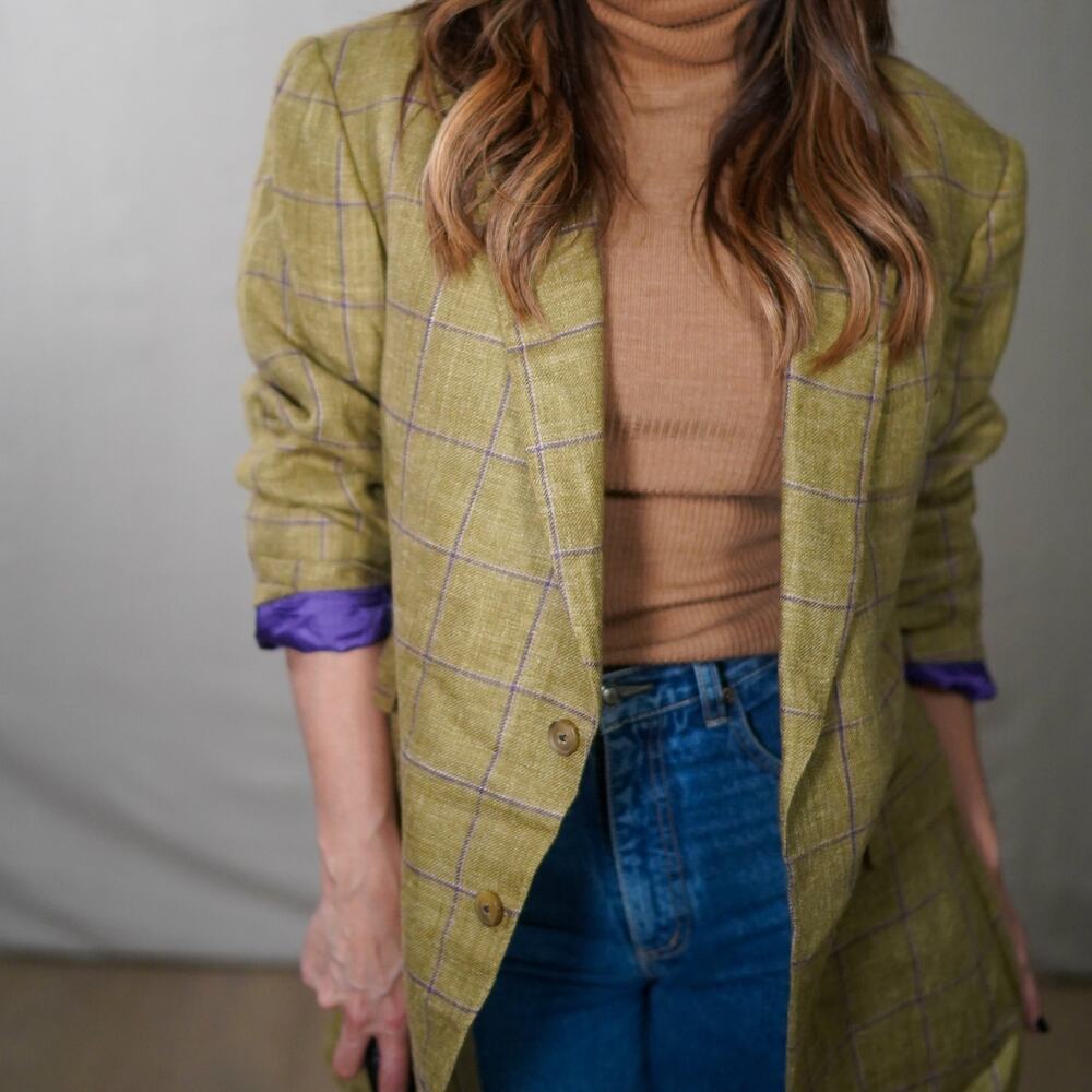 Vintage Paul Stuart Green Plaid Linen-Silk Tailored Blazer Jacket Made in Canada